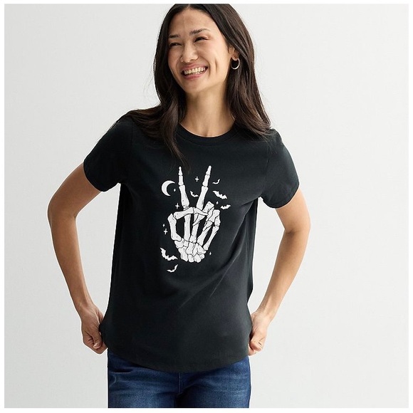 Women’s Mighty Fine Black & Skeleton Peace Sign Sh
Graphic TShirt. Various Sizes - Picture 1 of 4